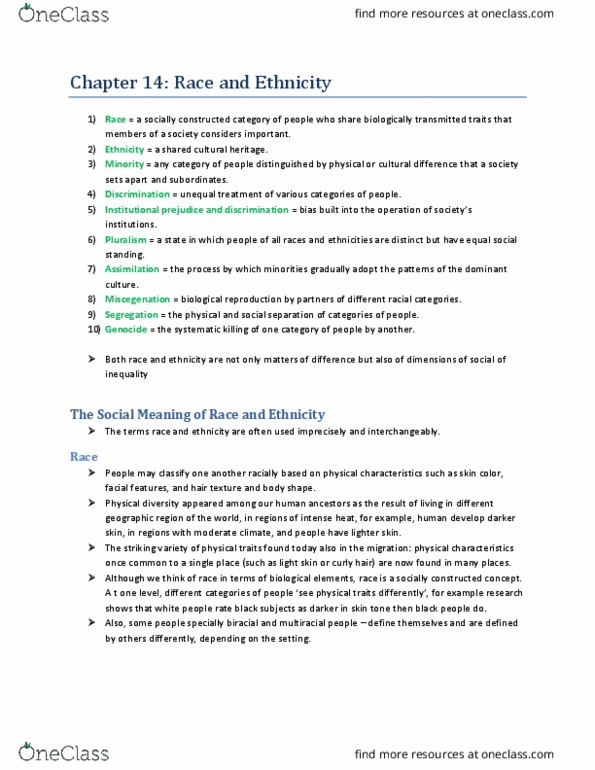 SOCI 2510 Chapter Notes - Chapter 14 - Race and Ethnicity: Canadian Multiculturalism Act, Visible Minority, Cultural Assimilation thumbnail